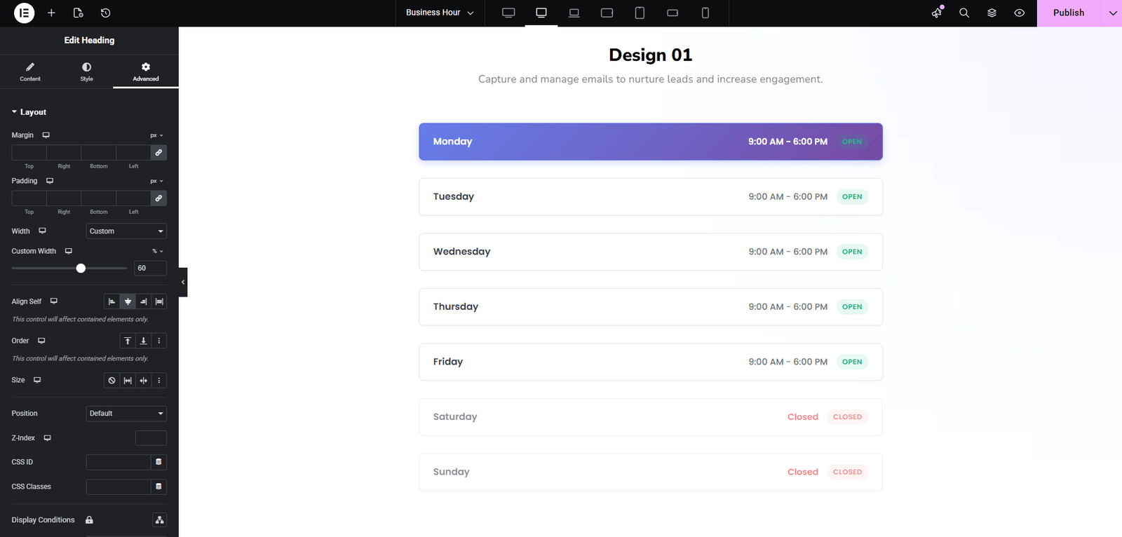 business hours widget for Elementor