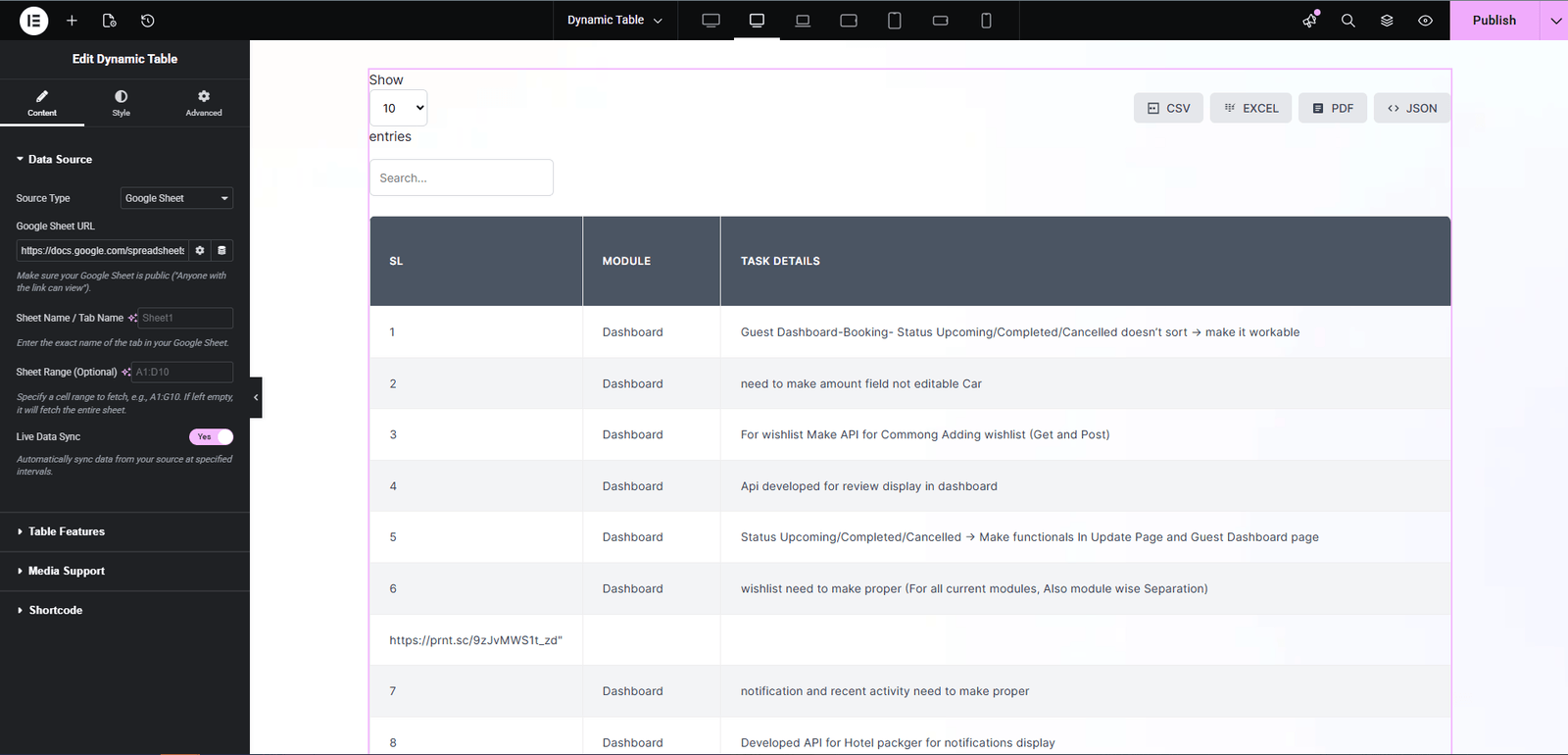 dynamic table widget